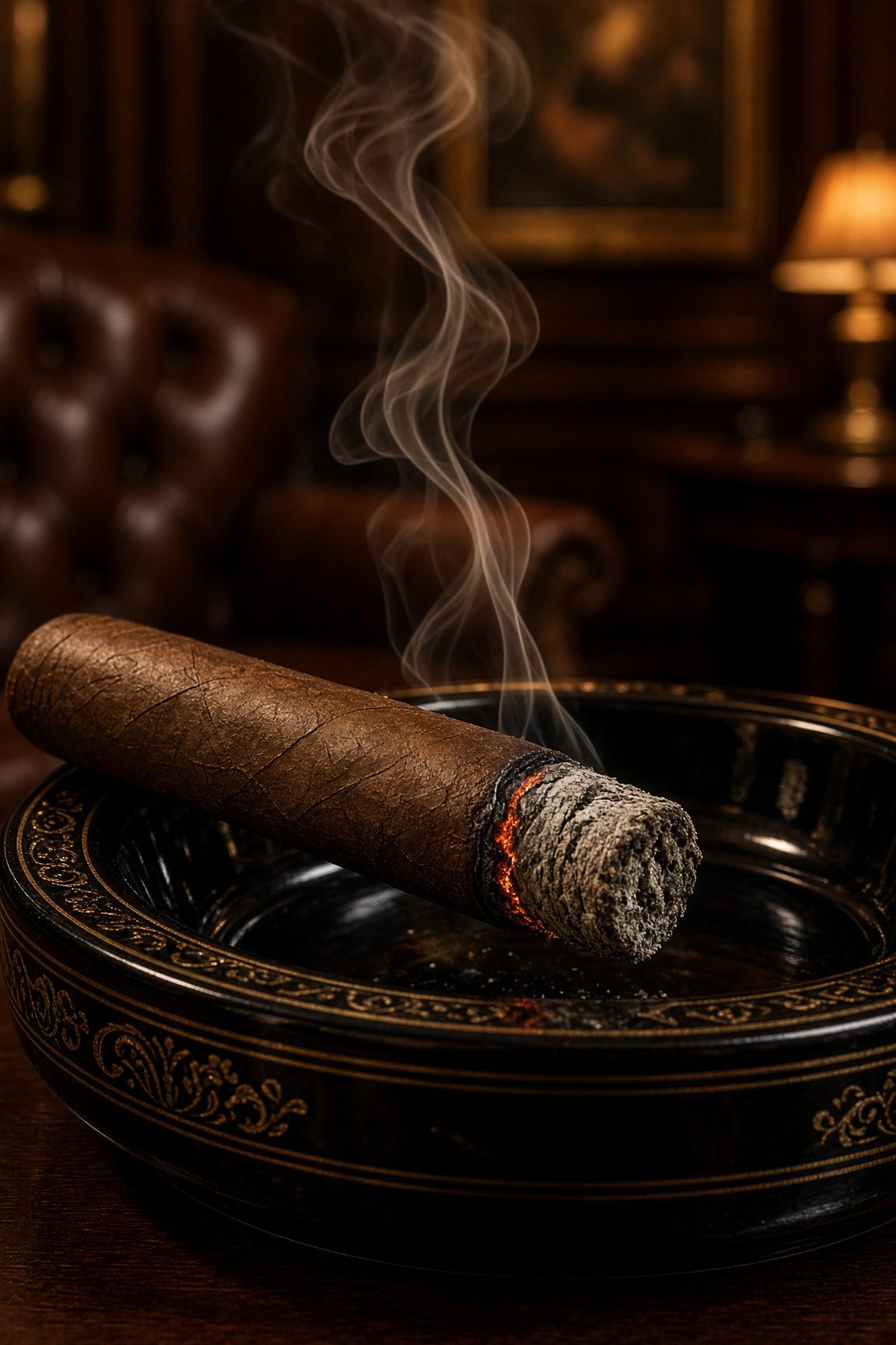 A lit cigar resting in a dark ashtray, with leather and a lamp behind it